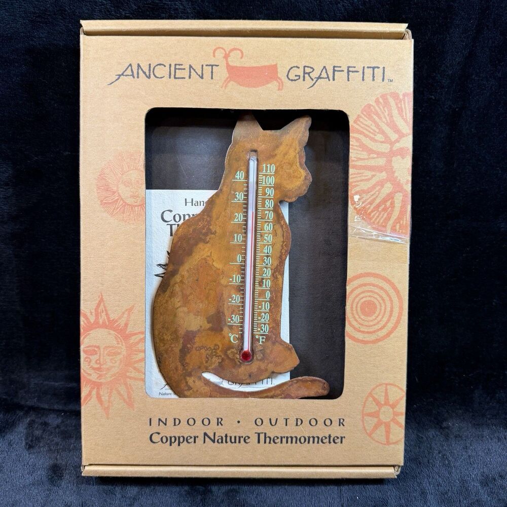 Cat Copper Ancient Graffiti Hand Crafted Thermometer Kitten Outdoor NIB Sunporch